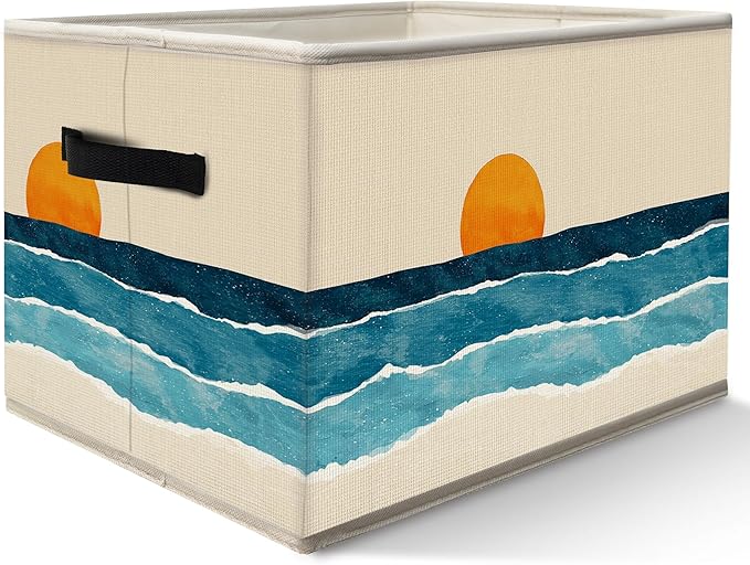 FDHSPAAM Boho Coastal Sun Storage Bins Box with Handles, Abstract Beach Coast Sunrise Collapsible Fabric Storage Basket Box Organizer for Bedroom Bathroom Clothes Toys Books