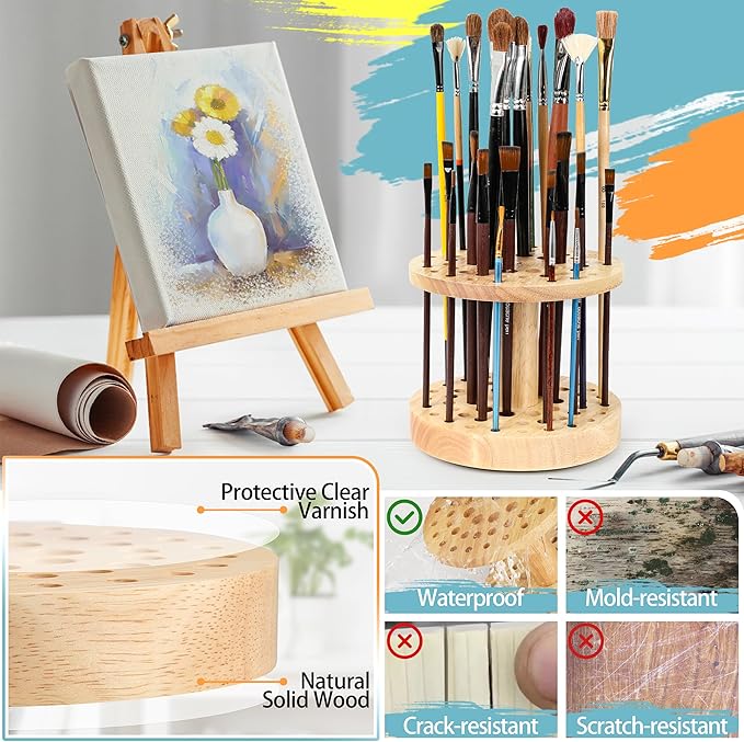 52 Holes Paint Brush Holder, 360° Rotating Paint Brush Organizer, Hardwood Storage Stand Rack for Artists Brushes, Crafts Tools, Makeup Brush, Calligraphy Pens