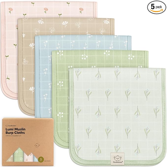 KeaBabies Cotton Muslin Burp Cloths Baby Boy, Girl - 5-Pack Soft & Absorbent Burping Cloth for Babies, Large Baby Towels & Washcloths for Newborn, Spit Up Rags, No Shrink, 20x10" (Wild Bloom)
