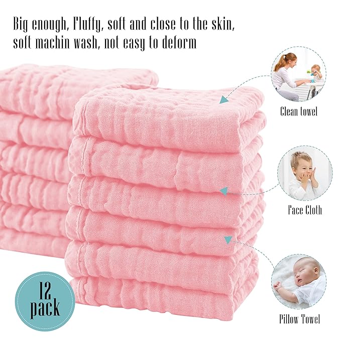 Cute Castle 24 Pack Muslin Burp Cloths for Baby - Ultra-Soft 100% Cotton Baby Washcloths - Large 20'' by 10'' Super Absorbent Milk Spit Up Rags - Burpy Cloths for Unisex, Boy, Girl - Pink