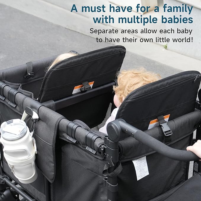 Forward-Facing Support Bar + 4-Pack Stroller Wagon Snack Tray with Spill-Proof Cup Holders - Wonderfold Accessories Compatible with WONDERFOLD W4 Elite/Luxe 4-Seater Wagons, Detachable & Easy Install