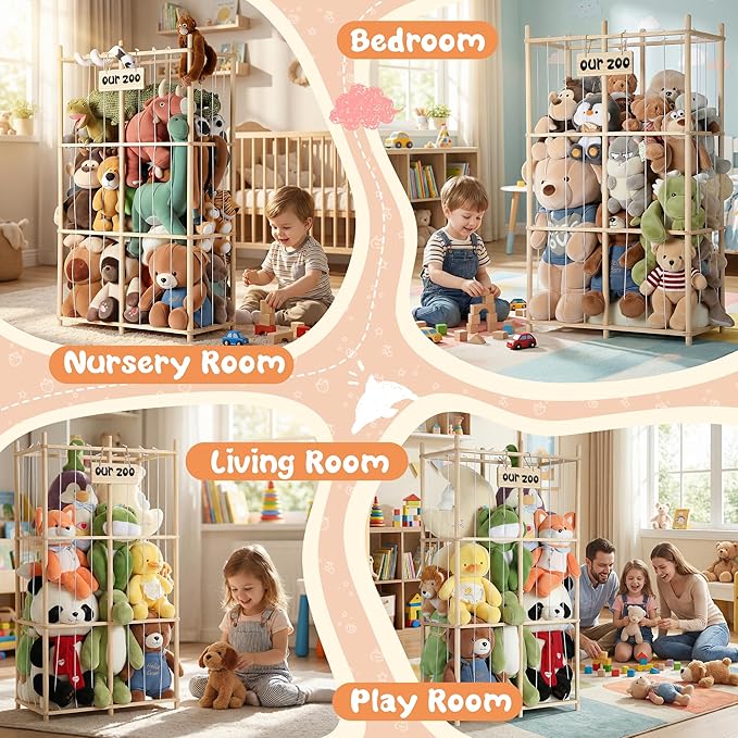 LAMU Stuffed Animal Storage, Wooden Zoo Stuffed Animal Holder with Elastic Cords, Space Save Plush Toy Cage, Double Capacity Extra Large Stuffed Animal Organizer for Playroom, Bedroom, Nursery, 31" W