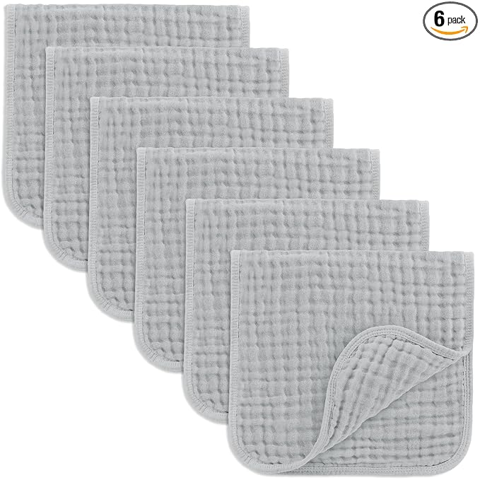 Comfy Cubs Muslin Burp Cloths 20" x 10", Pack of 6 - Large, 6-Layer, Ultra Absorbent 100% Cotton for Baby Drool and Messes - Soft, Safe & Gentle Baby Burp Cloths Set for Boys & Girls - Heather Blue
