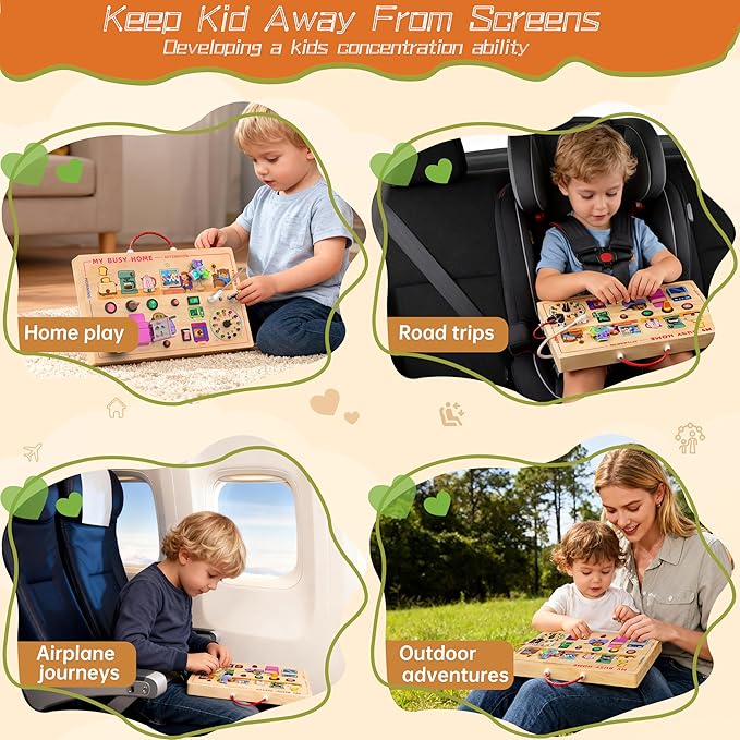 flycoost My Busy Home Montessori Busy Board for Toddlers 1-3, Wooden Sensory Activity Board with Switches, Lights, Clock, Kitchen Appliances Toys, Educational Busy Board for 1+ Year Old Boys Girls