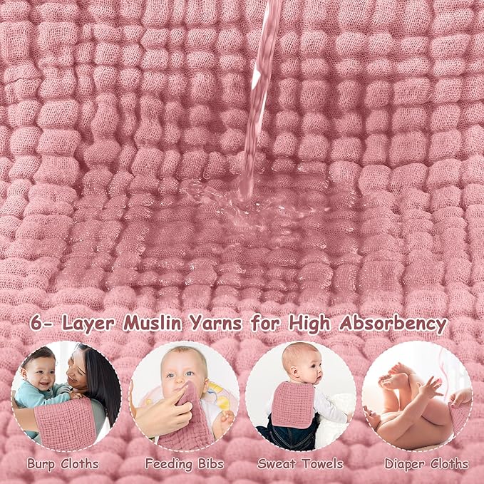 Looxii Muslin Burp Cloths Baby Girl 6 Pack - 20" x 10" - Ultra Soft & Absorbent, 6-Layer 100% Cotton for Spit Up & Drool- Gentle Burping Cloth, Baby Girl Newborn Essentials Shower Gifts, Bean Paste
