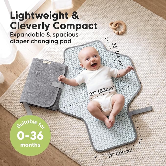 KeaBabies Portable Changing Pad for Baby, Travel – 26 x 21 Wipeable, Waterproof, Foldable Baby Diaper Changing Mat for Diaper Bag, Caddy, Car, Bed, Newborn, Compact Changer Mat Station (Classic Gray)