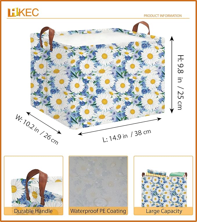 HKEC Rectangle Storage Basket with Handles,Collapsible Storage Bin,Books Box,Gift Basket(Blue Daisy)