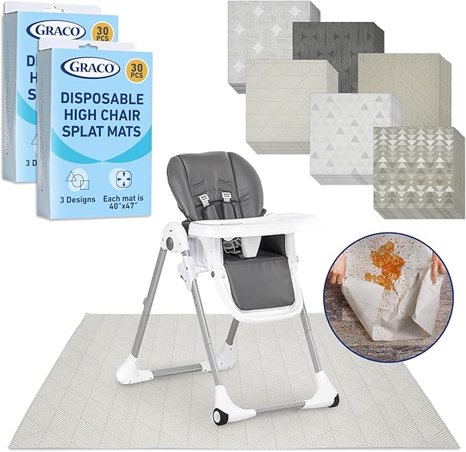 Graco Baby Disposable Splat Mats – 60 Count (6 Designs, 10 of Each), 47" x 40", Biodegradable Floor Protector for Mealtime, Under High Chair, Home & Restaurant Use