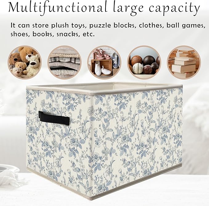 FDHSPAAM Blue and White Chinoiserie Storage Bins Box with Handles, Grandmillennial Flower Plant Botanical Collapsible Fabric Storage Basket Box Organizer for Bedroom Bathroom Clothes Toys Books