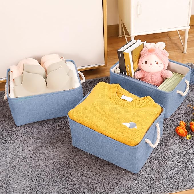 LordCom Storage Bins with Sturdy Cotton Handles(1 Pack), Fabric Storage Baskets for Organizing use for Office & Home, Book, Clothes, Toys, Closet Boxes (Small, Blue, 12.2x8.3x6.3 inches)