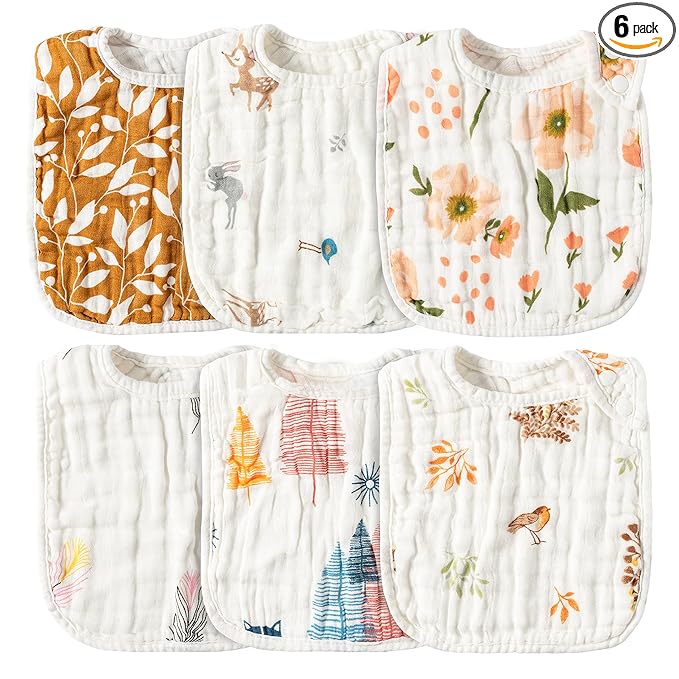 Zainpe 6Pcs Muslin Cotton Bibs for Baby Flower Bunny Deer Adjustable Machine Washable Neutral Burp Cloths with 6 Absorbent Soft Layers for Unisex Infant Newborn Toddler Drooling Feeding Teething