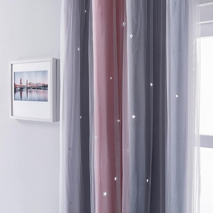 XiDi Curtains for Bedroom Decor, Rainbow Pink-Grey-52-45