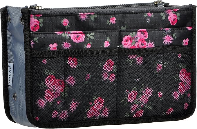 Vercord Purse Organizer Insert for Handbags Bag Organizers Inside Tote Pocketbook Women Nurse Nylon 13 Pockets Black Red Flower Small