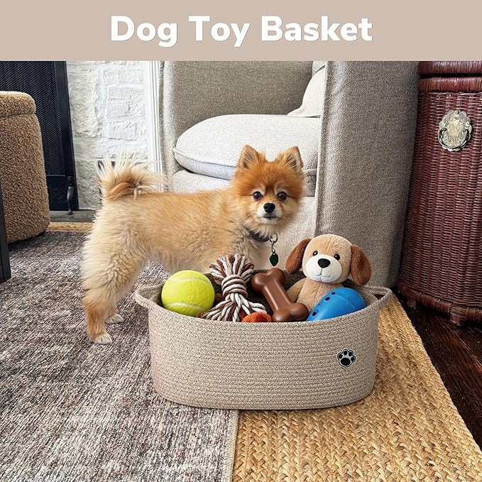 Large Dog Toy Basket, 19.7" X 11" X 7.9" Toy Storage Box for Nursery Living Room, Woven Rope Basket for Dog Cat Supplies Storage, Brown