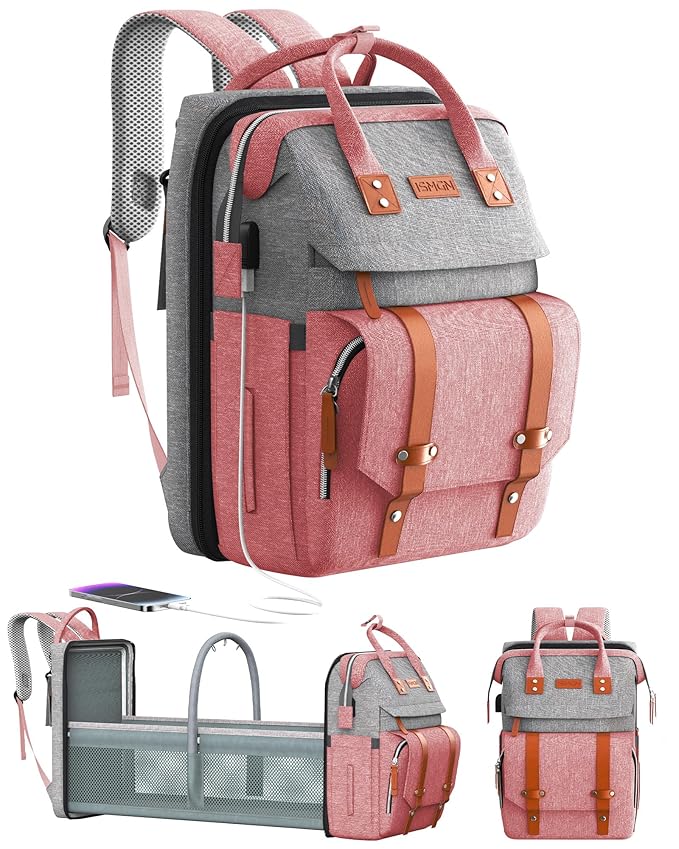 ISMGN Diaper Bag Backpack with Changing Station, Large Diaper Bag, Baby Bag, Multifunctional Diaper Bag, Pinkgray
