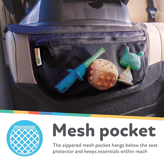 Nuby x Safe In The Seat Car Seat Protector - Compatible with Rear & Forward Facing Car Seats - Visual Learning Pocket, Mesh Storage & Adjustable Strap