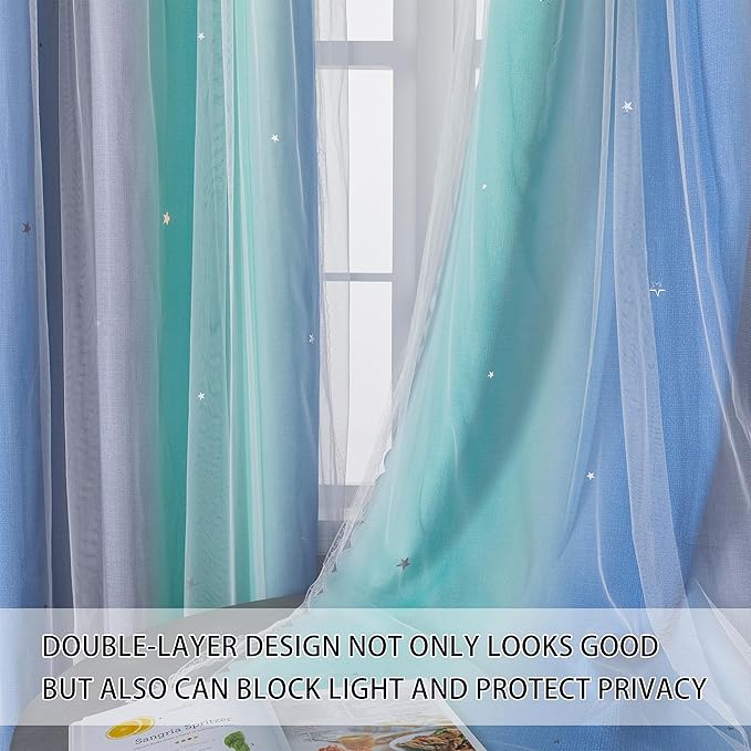 XiDi Dream Star Blackout Curtains for Kids Rooms Girl Princess Curtain for Daughter Bedroom Window (Blue Green Grey, W52 X L84)
