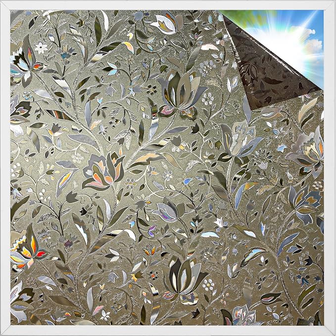 rabbitgoo Window Privacy Film, Decorative Stained Glass Window Film, Heat Blocking Glass Clings, Renter-Friendly Static Cling Frosted Sticker Covering for Home, Taupe Tulip 17.5" x 78.7"