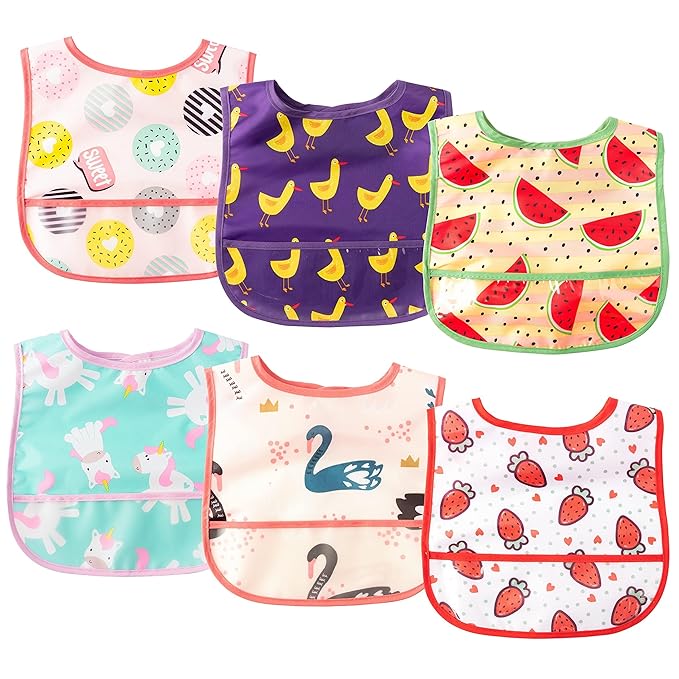 2ooya 6Pcs Baby Feeding Bibs with Crumb Catcher Pocket Adjustable Waterproof Sleeveless Teething Bib Set Toddler Infant Keepsake Gift for Baby Shower, 6-24 Months