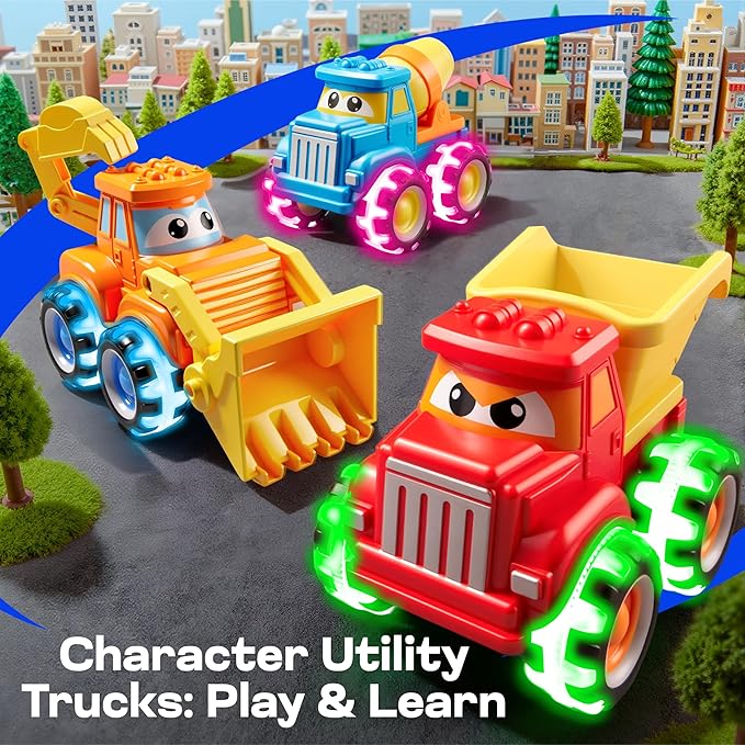 Vroomix Jova GlowRover 3 Pack Monster Truck Toys, City Construction Cars with LED Light Up Wheels, Friction Powered Cars for Toddlers Boys Girls 18M+, Birthday Gifts for Christmas