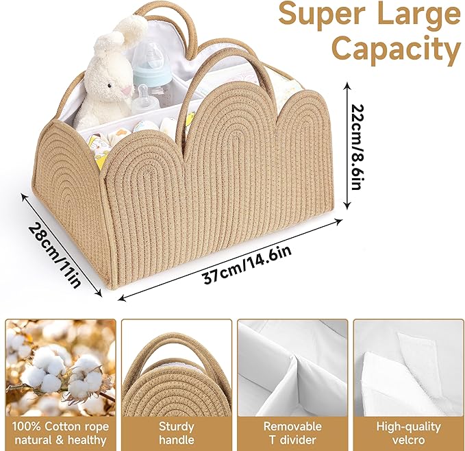 XL Diaper Caddy Organizer for Baby, Durable Cotton Rope Baby Gift Basket,Upgrade Design - Space Division Portable Diaper Organizer, Multi-Use Nursery Organizer for Diapers, Car Diaper Caddy Cart