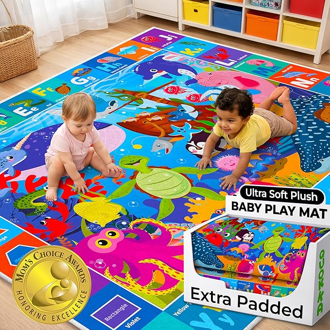 QUOKKA Baby Mat for Floor Play for Babies 6-12 Months – Super Soft Baby Floor Play Mat for Toddlers 1-3 – ABC Ocean Large Thick Plush Rug for Nursery – Padded Foldable Activity Infant Playroom Carpet