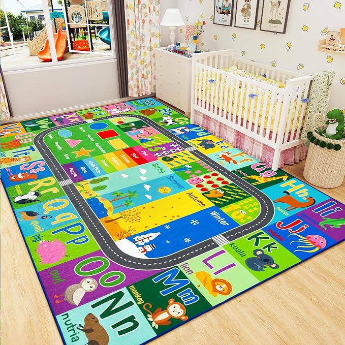 HOMORE Kids Educational Rug, 5x7 Kids Collection Area Rug for Learning Alphabet, Numbers, Colors, Season and Animal Words, Playmat for Classroom Playroom,Green