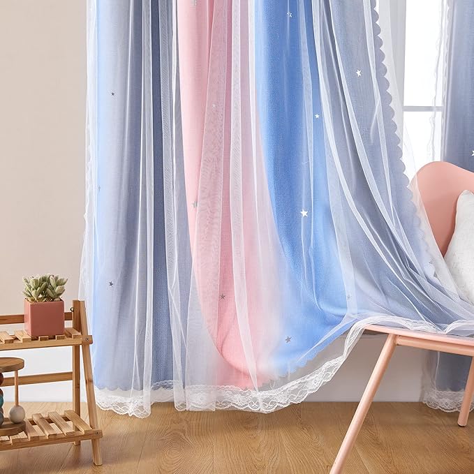 XiDi Curtains for Bedroom Decor, Rainbow PinkGreyBlue-34-45