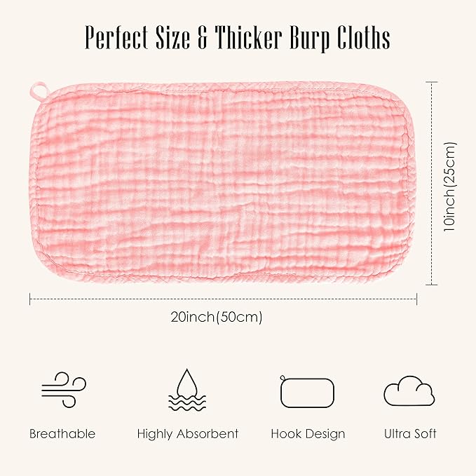 12 Pack Muslin Burp Cloths - Large 20" x 10", Ultra Absorbent 100% Cotton for Baby Drool and Messes - Soft, Gentle Baby Burp Rag for Boys & Girls -Pink, Purple, Sakura Series