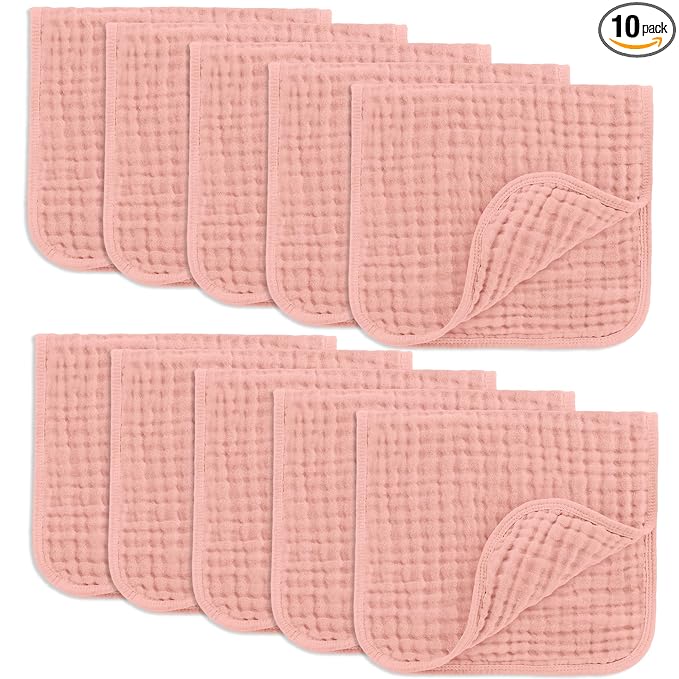 Comfy Cubs Muslin Burp Cloths 20" x 10", Pack of 10 - Large, 6-Layer, Ultra Absorbent 100% Cotton for Baby Drool and Messes - Soft, Safe & Gentle Baby Burp Cloths for Boys & Girls - Bold Blush