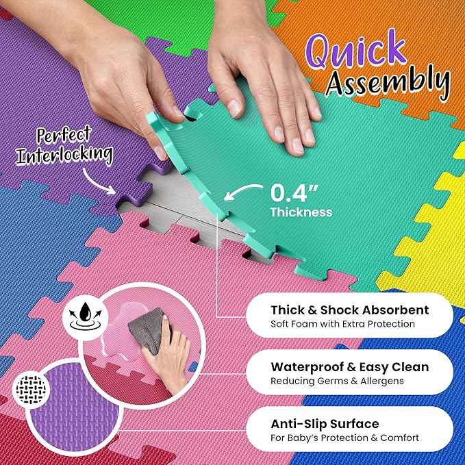 36 Tiles with Borders | 12" x 12" Baby Play Mat Foam Puzzle Floor Tiles | Non-Toxic Soft Waterproof Interlocking EVA Playmat for Nursery Playroom Playpen Toddler Tummy Mat