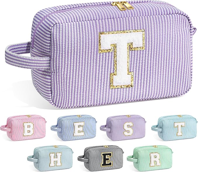 YOOLIFE Teacher Appreciation Gifts for Women - Initial Makeup Bag Letter Toiletry Pouch Cosmetic Case, Personalized Birthday Gifts for Women Girls Mom Daughter Sister Friends, Purple T