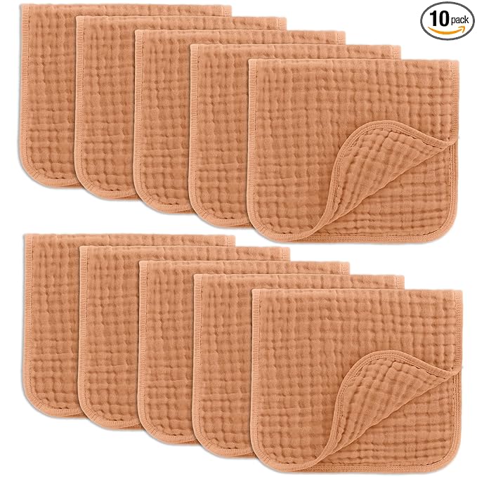 Comfy Cubs Muslin Burp Cloths 20" x 10", Pack of 10 - Large, 6-Layer, Ultra Absorbent 100% Cotton for Baby Drool and Messes - Soft, Safe & Gentle Baby Burp Cloths for Boys & Girls - Caramel