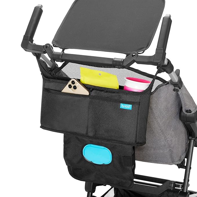 Munchkin Stroller Organizer with Cup Holders and Wet Wipes Case - Travel Storage Bag for Baby and Mom Essentials, Universal Fit, Fits UPPAbaby, Evenflo, BabyTrend and more, Black