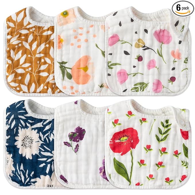 Zainpe 6Pcs Snap Muslin Cotton Baby Bibs Flower Pattern Infants Drooling Bib Soft Absorbent Adjustable Burp Cloths Feeding Cloth for Unisex Newborns Girls Boys Toddlers Teething Eating 0 to 36 Months