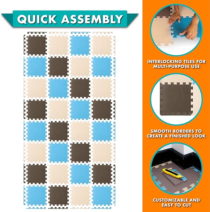 ProSource Baby Play Mat, Soft Foam Floor Tiles for Kids, Interlocking EVA Panels for Playpen Use, Crawling Development Surface, Safe Non-Toxic Toddler Flooring, 32 Tiles, Blue/Brown/Beige