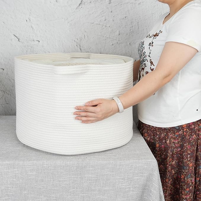 XUANGUO Large Cotton Rope Basket Blankets Basket Living Room 22"x14" Toy Basket for Kids and Dogs Rope Storage Basket for Nursery Woven Laundry Basket for Clothes Towels Baby Toy Storage round white