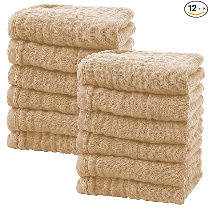 SWEET DOLPHIN 12 Pack Baby Muslin Washcloths - Soft Face Cloths for Newborn, Absorbent Bath Wash Cloths, Wipes, Burp Rag - Toddlers Essentials Stuff, Baby Registry as Shower -10"x10", Brown