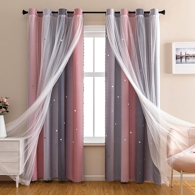 XiDi Dream Star Blackout Curtains for Kids Rooms Girl Princess Curtain for Daughter Bedroom Window (Pink Grey, W52 X L84)