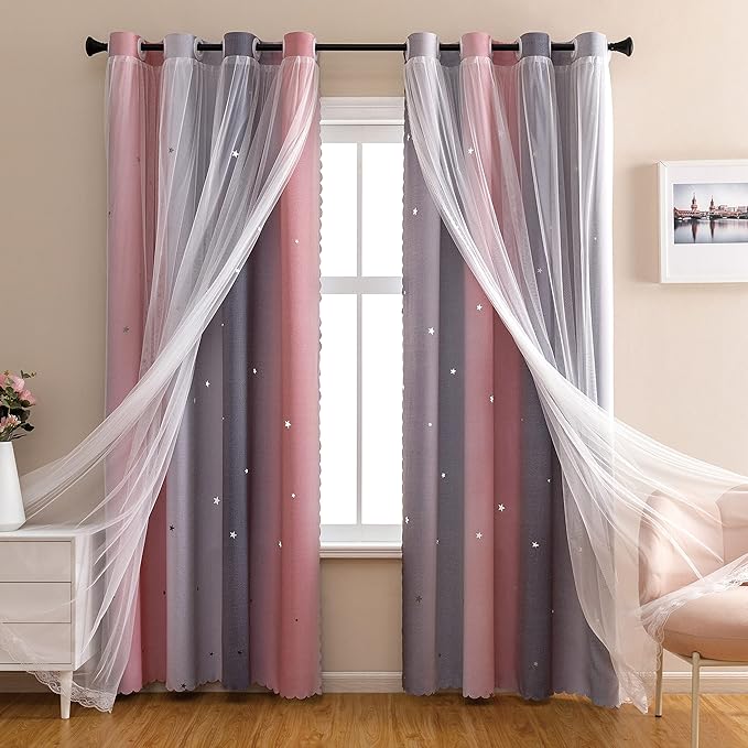 XiDi Dream Star Blackout Curtains for Kids Rooms Girl Princess Curtain for Daughter Bedroom Window (Pink Grey, W52 X L72)