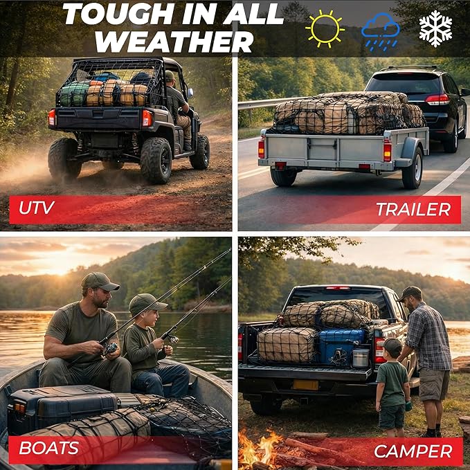 ZULWEST Heavy Duty Cargo Net for Pickup Truck Bed 4x6 ft Stretches to 8x12 ft - 10mm Bungee Mesh with 12 Carabiners, Anti-Slip Gloves & Digital Guide - Truck Bed Netting for Cargo, SUV, Roof Rack