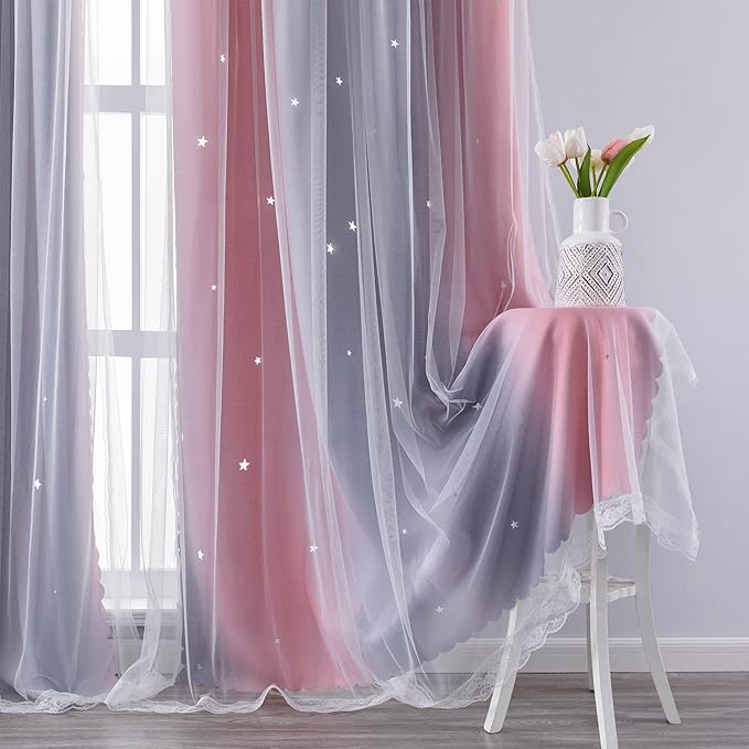 XiDi Curtains for Bedroom Decor, Rainbow Pink-Grey-52-45