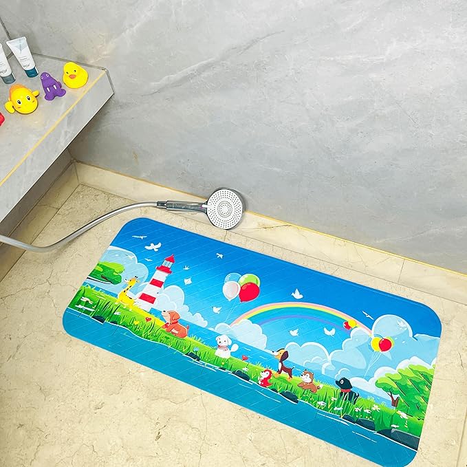 BEEHOMEE Bath Mats for Tub Kids,Baby Toddler - Large Cartoon Non-Slip Bathroom Bathtub Anti-Slip Shower Mats for Floor 35x15,Machine Washable XL Size Bathroom Mats (Lighthouse)