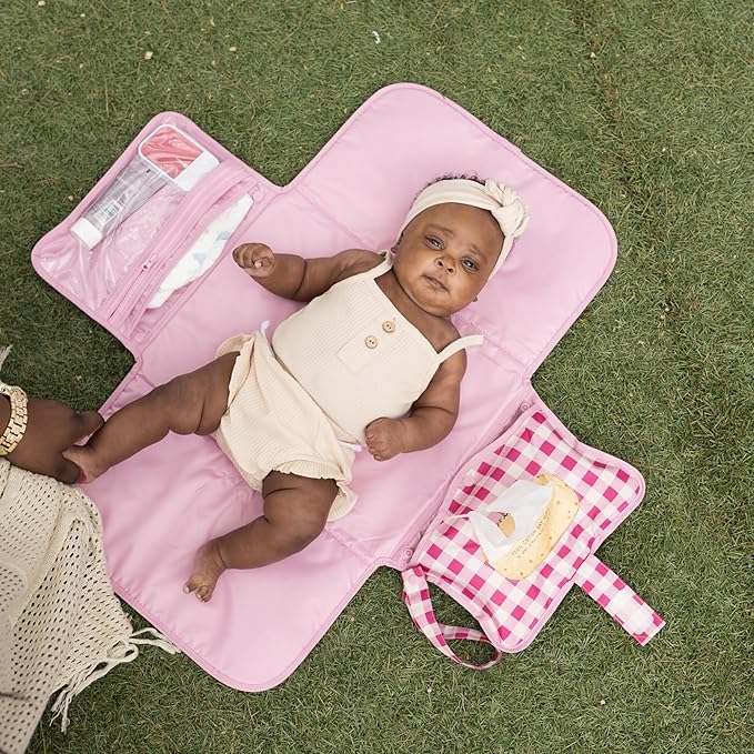 Tiny Twinkle Portable Diaper Changing Pad | Waterproof, Wipeable & Compact Baby Changing Pad for Travel | Smart Wipes Pocket & Organized Storage| Newborn Shower Gift (Raspberry Gingham)