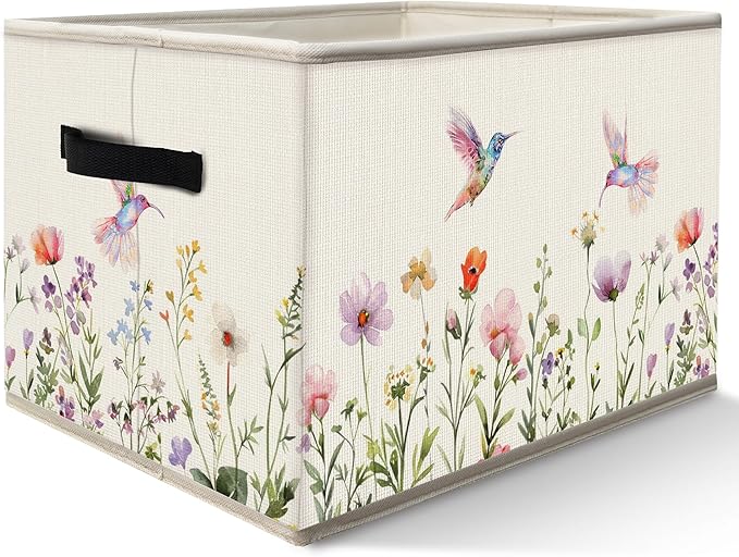FDHSPAAM Rustic Wildflower Hummingbird Storage Bins Box with Handles, Cottagecore Botanical Floral Bird Collapsible Fabric Storage Basket Box Organizer for Bedroom Bathroom Clothes Toys Books
