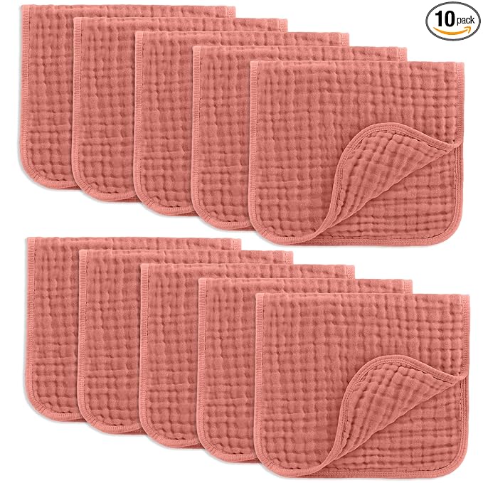 Comfy Cubs Muslin Burp Cloths 20" x 10", Pack of 10 - Large, 6-Layer, Ultra Absorbent 100% Cotton for Baby Drool and Messes - Soft, Safe & Gentle Baby Burp Cloths for Boys & Girls - Dusty Rose