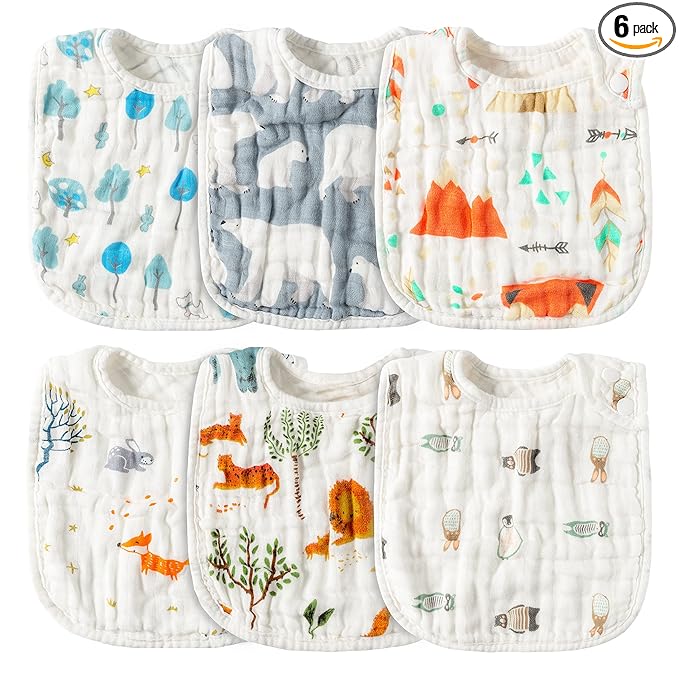 Zainpe 6Pcs Snap Muslin Cotton Bibs for Baby Bear Fox Deer Dog Bib Adjustable Machine Washable Burp Cloths with 6 Absorbent Soft Layers for Unisex Infant Newborn Toddler Drooling Feeding Teething