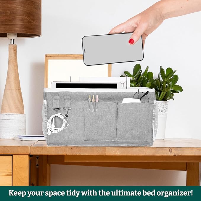 Bedside Caddy Organizer Hanging Storage Bag with Pockets for Books, Magazines, Phone, Tablet & Water Bottle – 2-Pack Bedside Storage for Dorm Rooms, Bunk Beds, Hospital Beds & Cribs , Gray