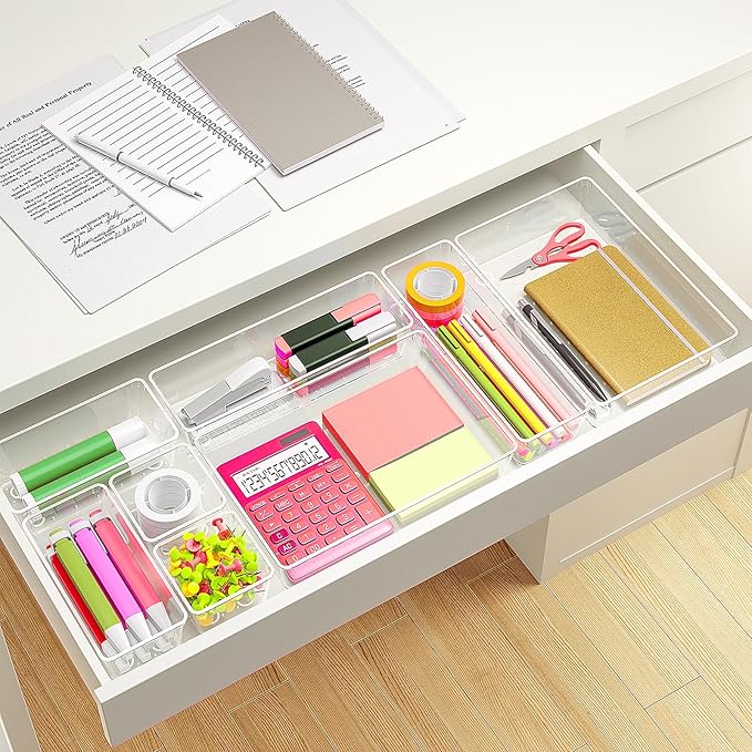 Clear Plastic Drawer Organizers Set of 45 Vanity Organizers Stackable Storage Bins Dividers Bathroom Organizers Storage Vanity Organizer Bins for Makeup, Kitchen Utensils, Jewelries, Office