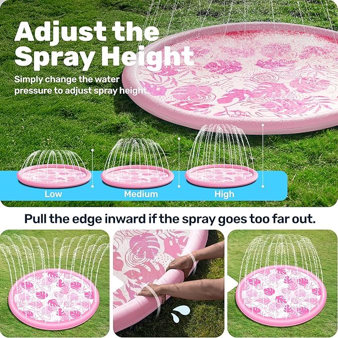 SLOOSH Splash Pad Sprinkler Mat - 6ft Tropical Leaves Outdoor Water Play Toys for Kids Dogs, Backyard Party in Summer Decor Outside Water Games Fountain Pool Children Boys Girls Toddlers Baby (Pink)